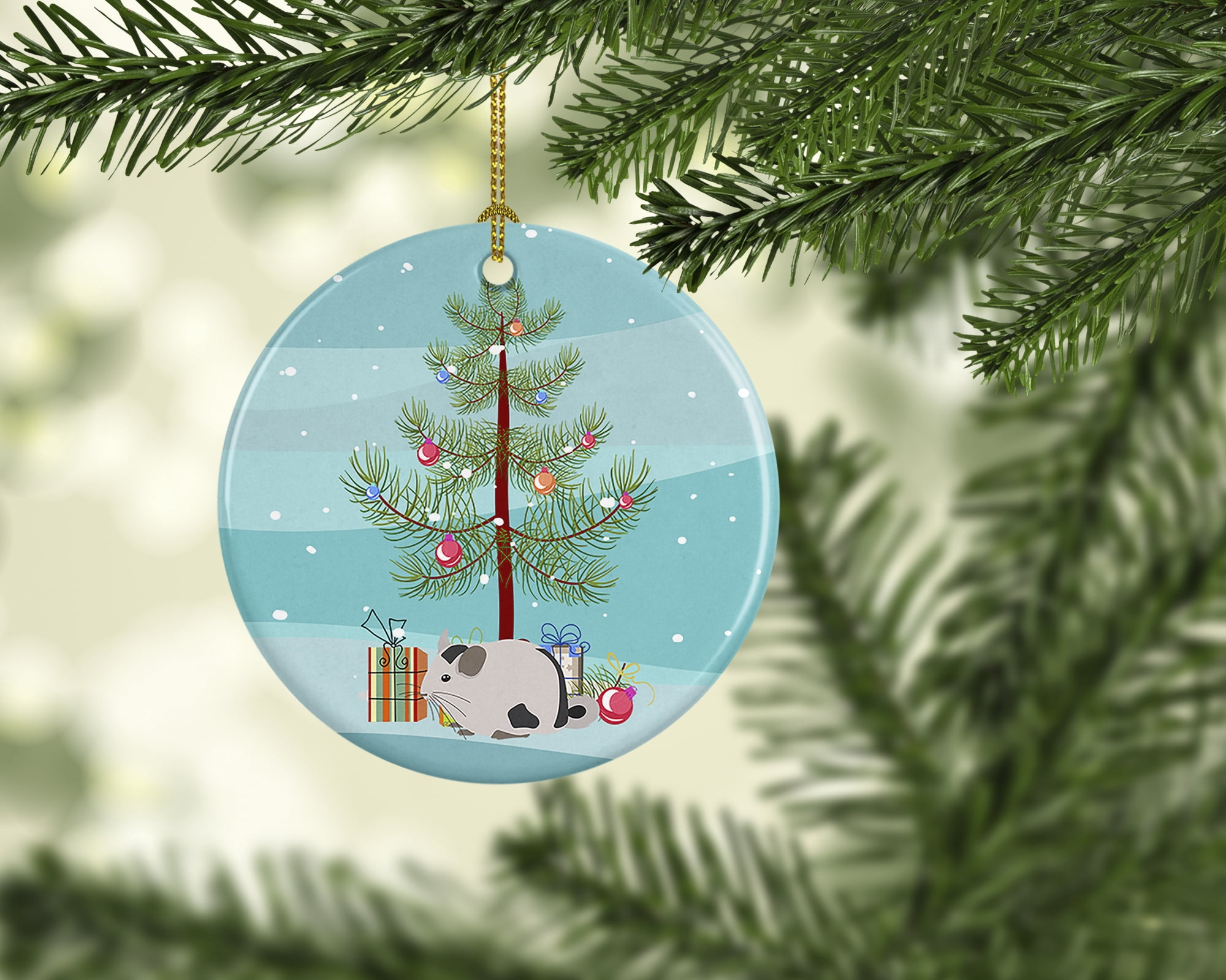 Mosaic Chinchilla Merry Christmas Ceramic Ornament 2.8 in x 2.8 in