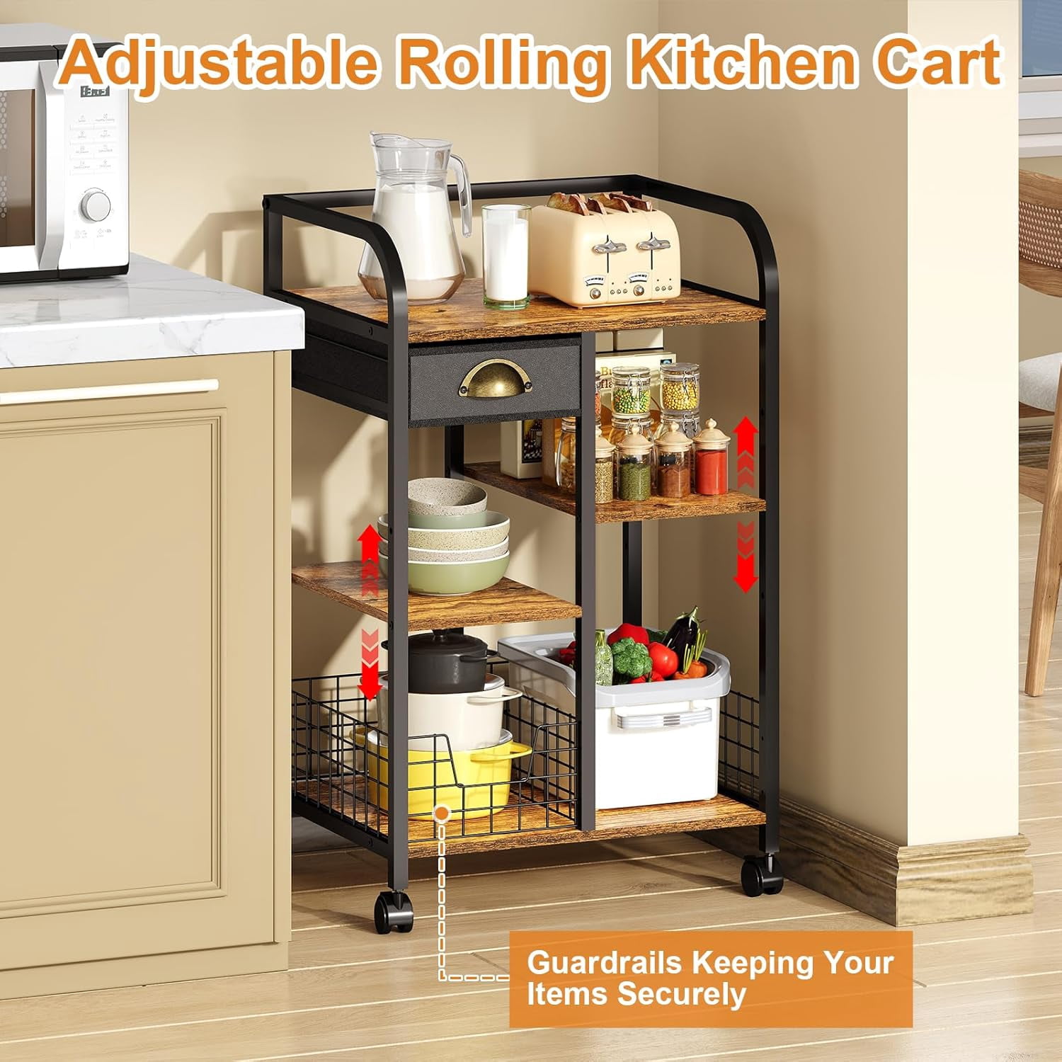 Microwave Cart with Storage, Kitchen Island Cart with Table Top & Drawer, 3 Tier Rolling Utility Cart with Adjustable 2 Storage Shelves, Coffee Bar Shelf for Kitchen/Dining/Living Room