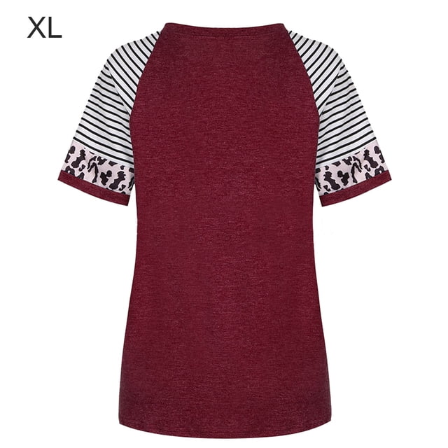 Camiseta de mujer Blusa de cuello redondo de manga corta con estampado de rayas, rojo vino, XL Inevent AP001776-29