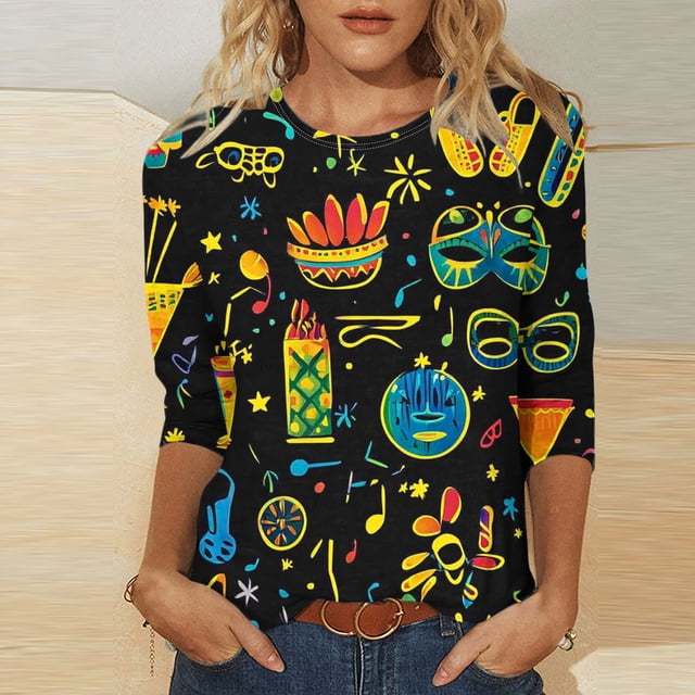 UPPADA 3/4 Femmes T-Shirts à Manches Mardi Gras Yall T-Shirts à Imprimé Floral Col Rond Blouse à devant Plissé Hauts d'Été Décontractés Chandail à Enfiler Haut Mode Fête Défilé Hauts Femmes Hauts à Manches 3/4 Liquidation