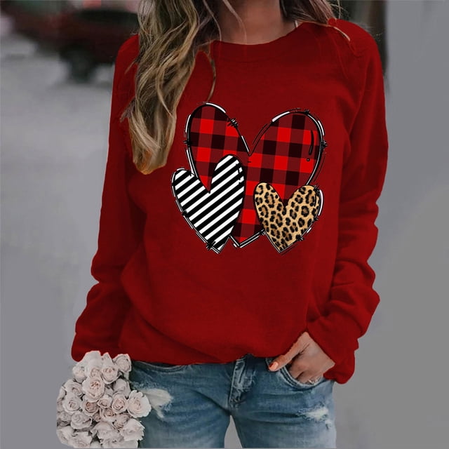 Styesk Chemises à Manches Longues pour Femmes Imprimé Cœur Hauts Confortables Doux Col Rond T-Shirts Chandail Mode Ample Léger Chandail en Molleton Graphique de la Saint-Valentin Décontracté