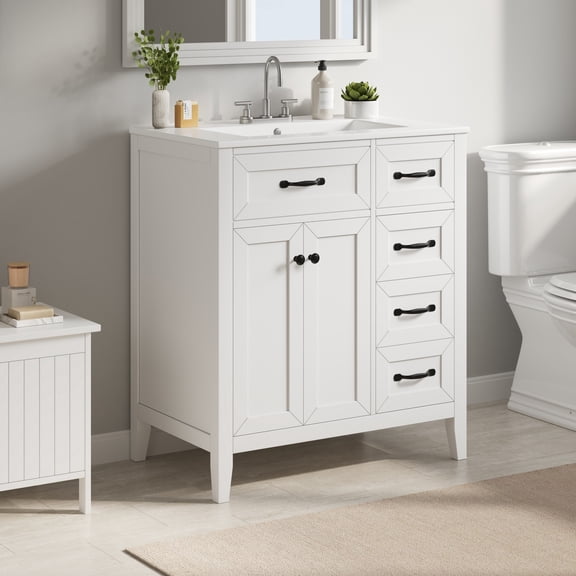 Christopher Knight Home 30" Bathroom Vanity with Sink, Soft-Close Doors and Ample Storage, White