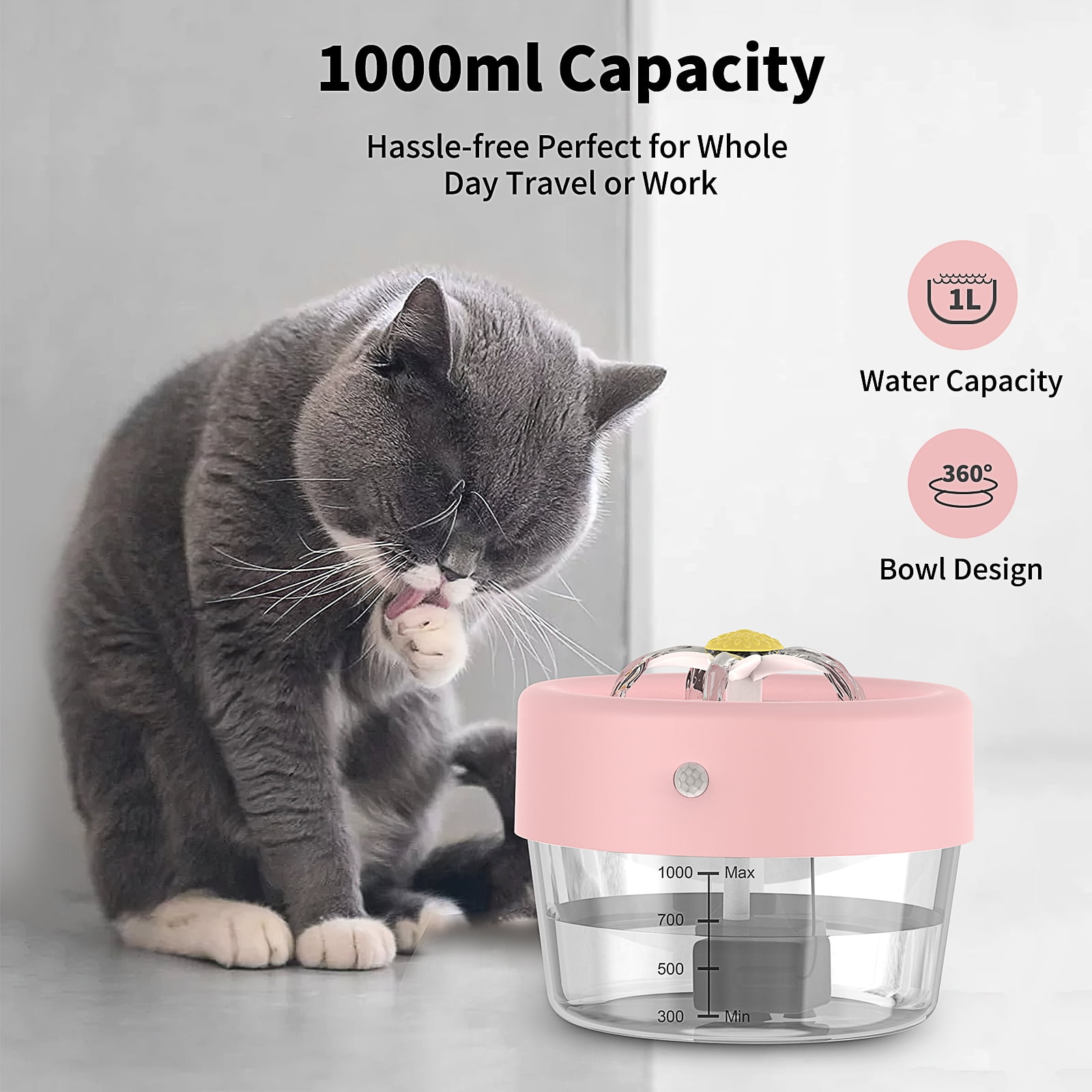 MASBRILL Cat Water Fountain, 1000mAh Battery, 1L Automatic Pet Drinking Fountain, Pink