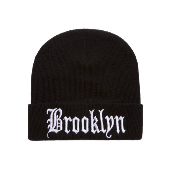 Top Headwear Cities Old English Beanie - Custom Embroidered Long Cuff Black Beanie Cap Brooklyn