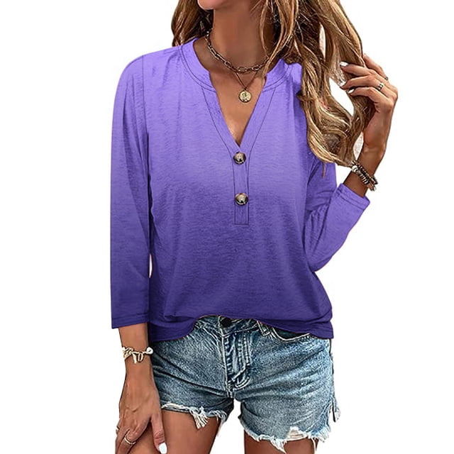 AOOCHASLIY Ladies' Clothes Clearances Womens 3/4 Sleeve V Neck Buttons Tee Gradient Color Blouse Loose Fit Tshirts Fall Tunic
