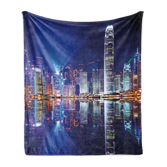 City Soft Flannel Fleece Blanket, Hong Kong Island from Kowloon Vibrant View Water Reflection Modern China, Cozy Plush for Indoor and Outdoor Use, 50" x 60", Royal Blue Orange White, by Ambesonne