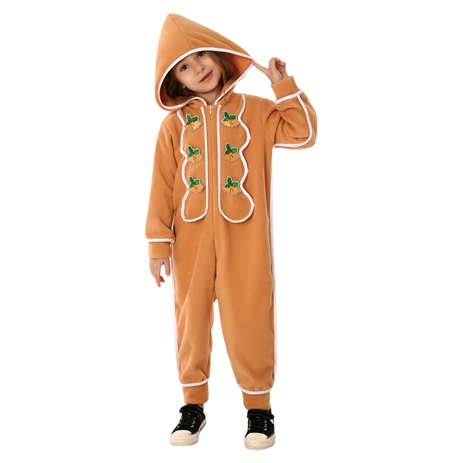 Farfi Christmas Onesie Costume for Kids Gingerbread Man/Santa/Green Elf Cosplay Outfit Unisex Plush Bodysuit for Halloween Christmas Carnival Festival(Green, L)