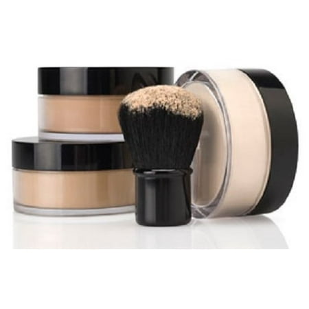 Sweet Face Minerals 4 Pc Full Size Kit with Kabuki Mineral Makeup Set Bare Skin Sheer Powder Foundation Cover (Dark