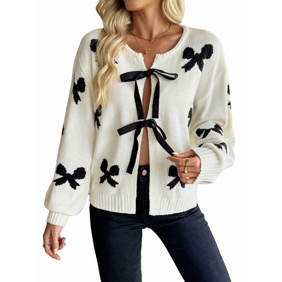 Women Tie Front Sweater Cardigan Trendy Y2k Knitted Cardigan Cream White L