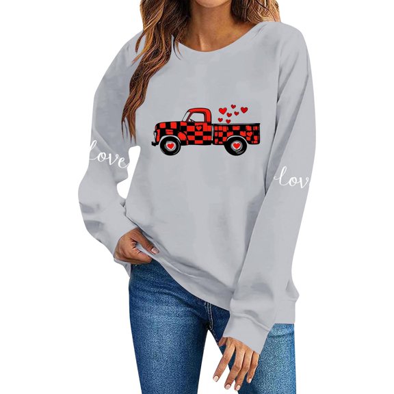 FAWUUDO Womens Valentines Day Sweatshirt Heart Print Crewneck Long Sleeve Pullover Casual Comfortable Romantic Gift for Her Gray M