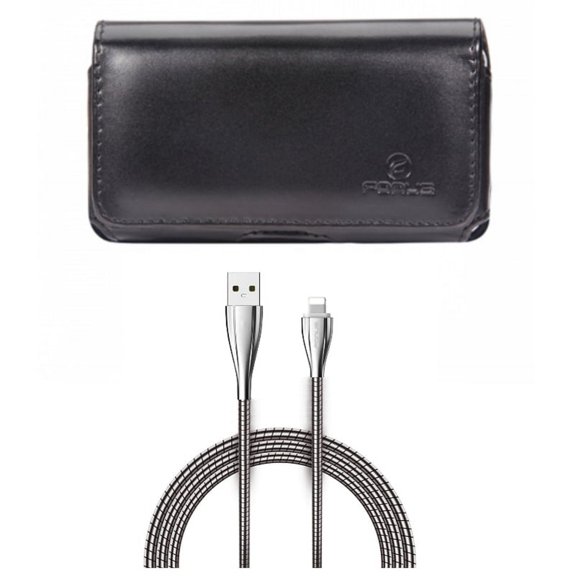 Leather Case Belt Clip w 6ft Metal USB Cable for iPhone XS Max - Swivel Holster Loops Cover Pouch and Charger Cord Power Wire Braided Long