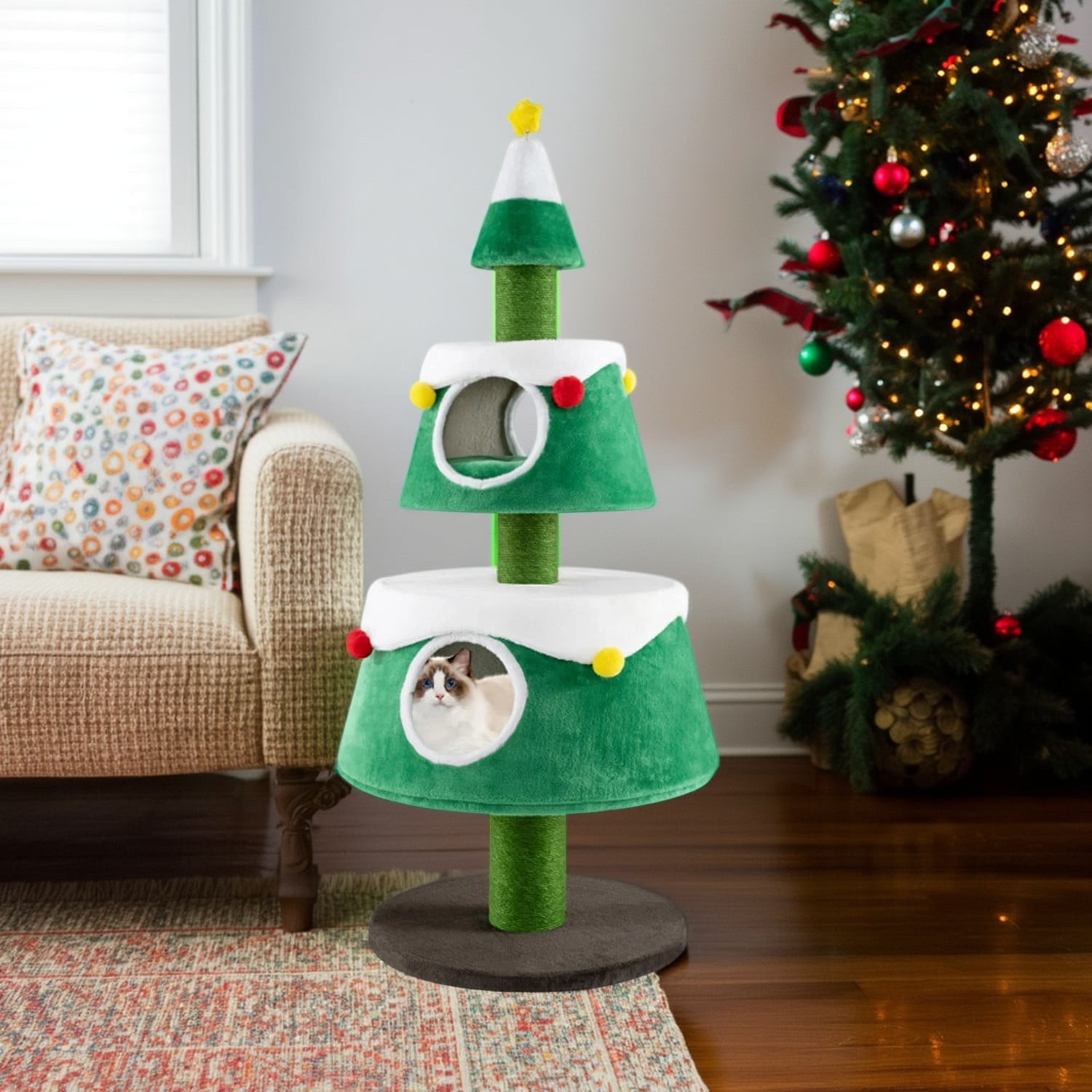 Pefilos 60" Tall Christmas Cat Tree Tower for Indoor Cats, Multi-Level Cute Holiday Cat Tree Play House with 2 Condos, Green