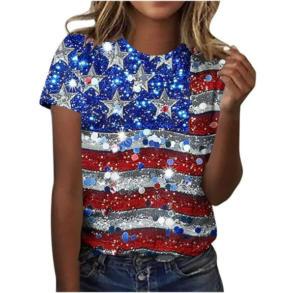 Uaswgudfs ​Women's Patriotic US Flag Glitter Star-Stripe Tee - Independence Day Festival Crew Neck Tops Multicolor L
