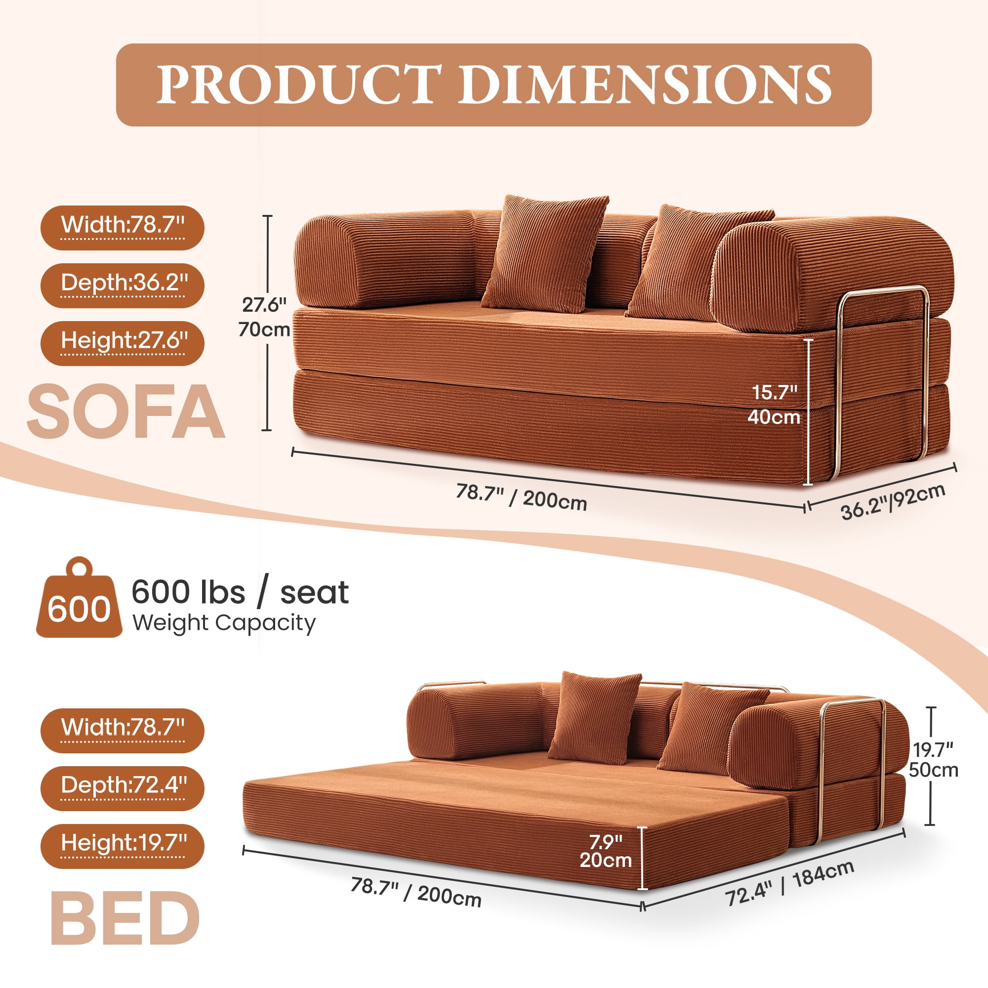 COOLHUT 78.7" W Combination Sofa, High Rebound Density Foam Sofa Couch, Two Forms Floor Couch Three Seats Sofa Bed for Living Room, Bedroom, Pumpkin Brown