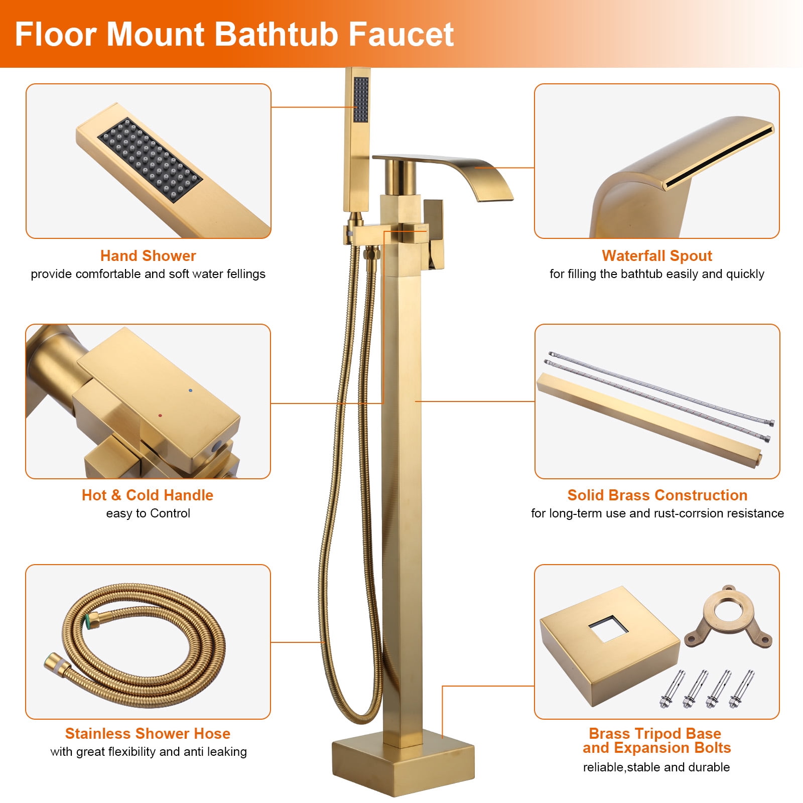 Wowow Brass Waterfall Single-Handle Floor Mount Freestanding Bathtub Faucet with Hand Shower and Supply Line in Gold