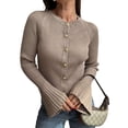 thumbnail image 1 of Chandail Tendance pour Femmes Col Rond Côtelé Crop Bell Manches Longues Ouvert Chemise Automne Khaki P, 1 of 6