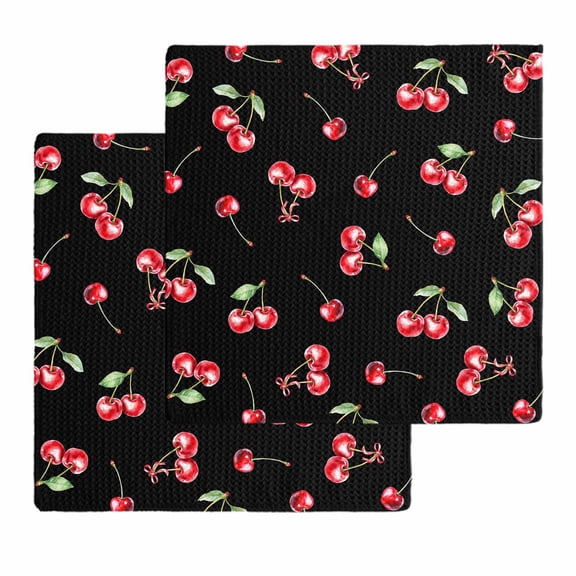 Cherry Rustic Dish Towels Set, Waffle Weave Kitchen Towels 2 Pieces, Spring Summer Tropic Fruit Black Microfiber Hair Face Bath Tea Towel Absorbent Quick Drying Cleaning Dish Cloths, 12"x12"