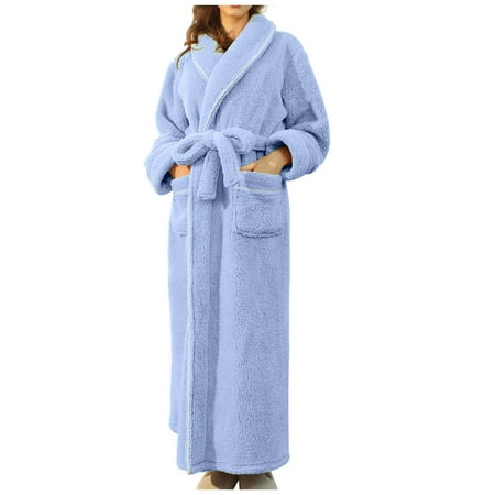Mrat Women Silk Robe Solid Bandage Robe Robes for Women Bathrobe Lingerie Teddy Nightgowns for Women Soft Bathrobe Bathrobe Gown Pajamas Long Sleepwear Pocket Waistband+Belts Blue XL