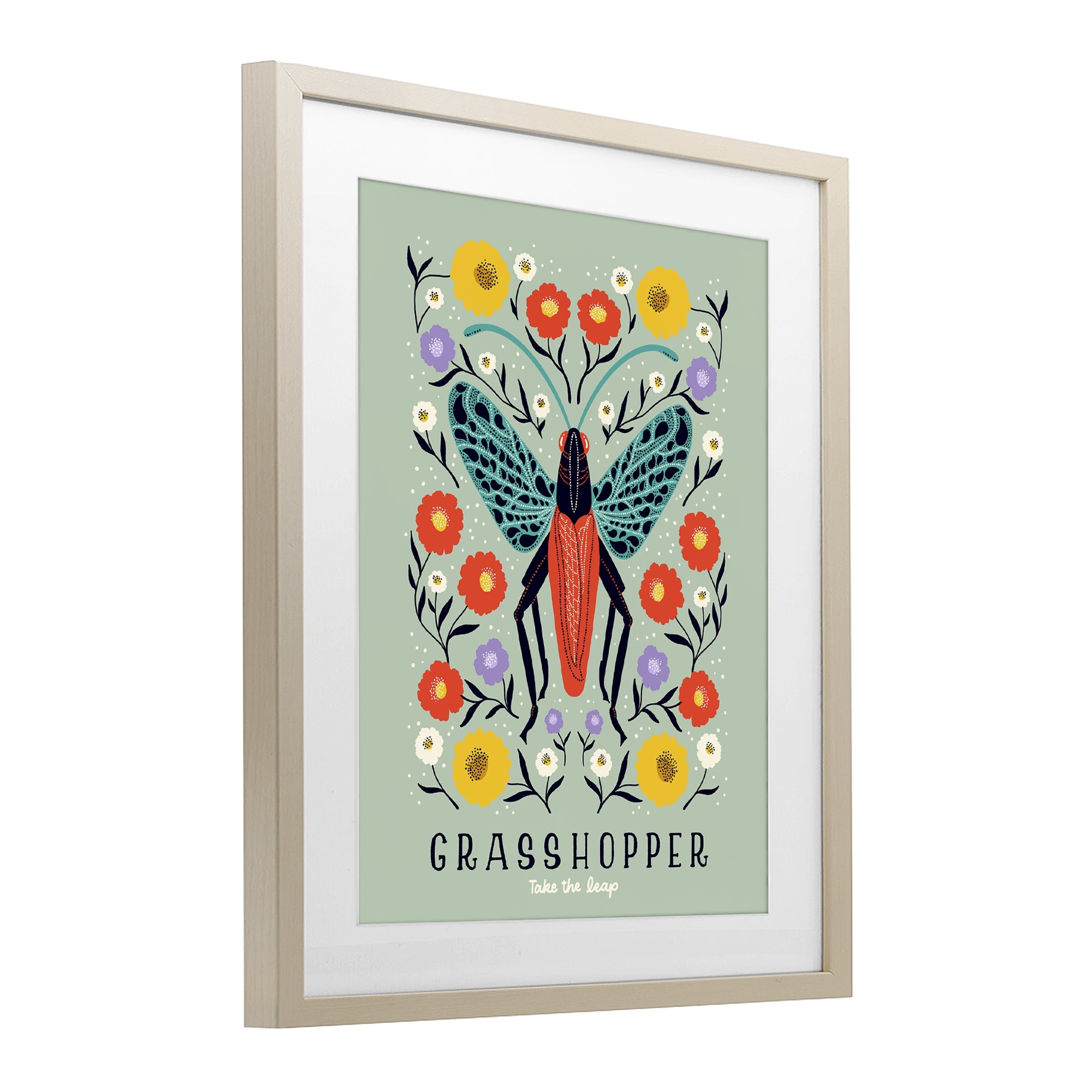 Stupell Industries Symmetrical Grasshopper with Blooms Birch Framed Print Under Glass, design by Indira Prieto | IndySign
