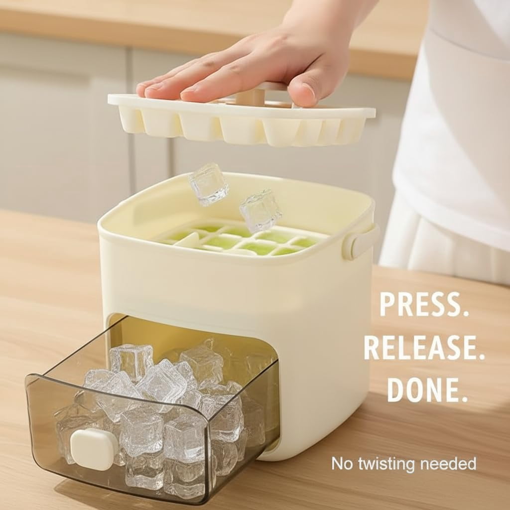 Fountwell 48-Cube Portable Ice Tray with Easy Press Lid, Double-Deck Ice Maker – Includes Container, Bin & Tongs for Whiskey, Cocktail, Coffee
