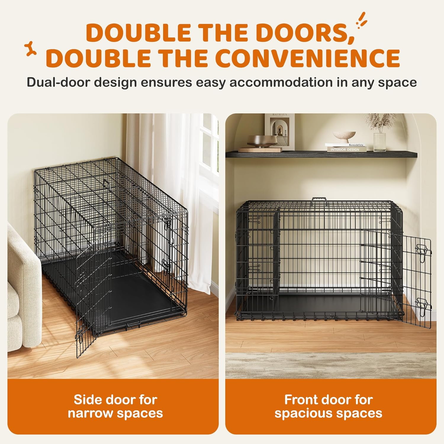 LibraMAl 48 inch Double Door Dog Crate w/Divider for Puppy to Adult Large Collapsible Metal Crate with Removable Tray XXL Wire Dog Kennel Pet Crate for Dogs Portable Travel Cage, Black