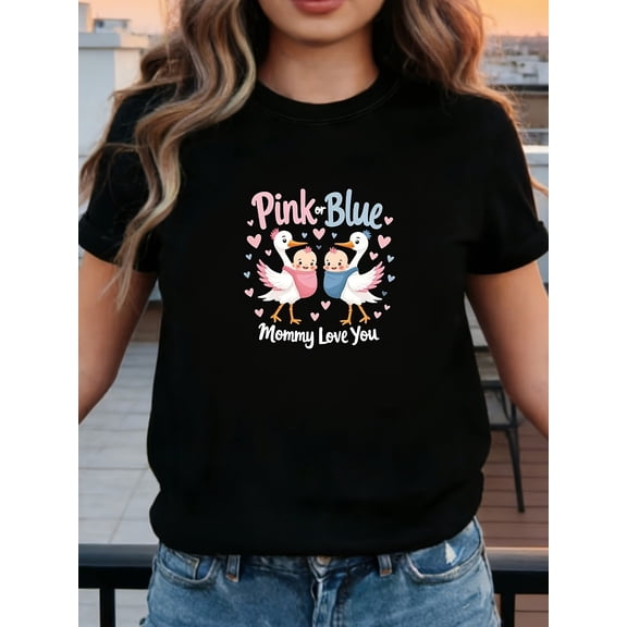Women's Gender Reveal Pink Blue Stork T-Shirt