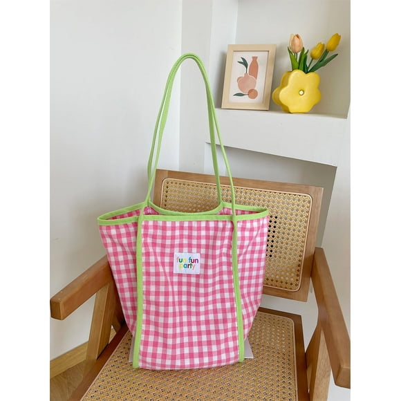JennyShop Bolsa De Hombro Plaid, Bolsa De Comunicación De Gran Capacidad, Bolsa De Tote, Bolsa De Cloth De Doble Capa Ligera, Bolso De Estudiante Universitario