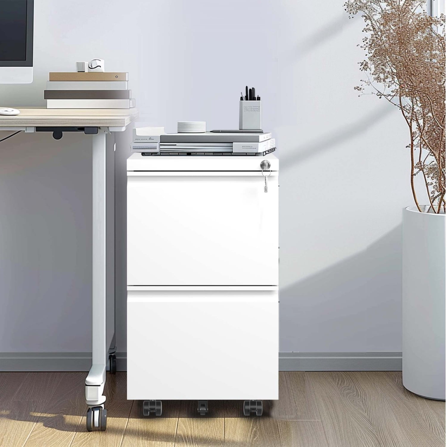 2 Drawer Metal Mobile File Cabinet, Rolling File Cabinet with Lock for Hanging Legal/Letter/A4 Size Documents