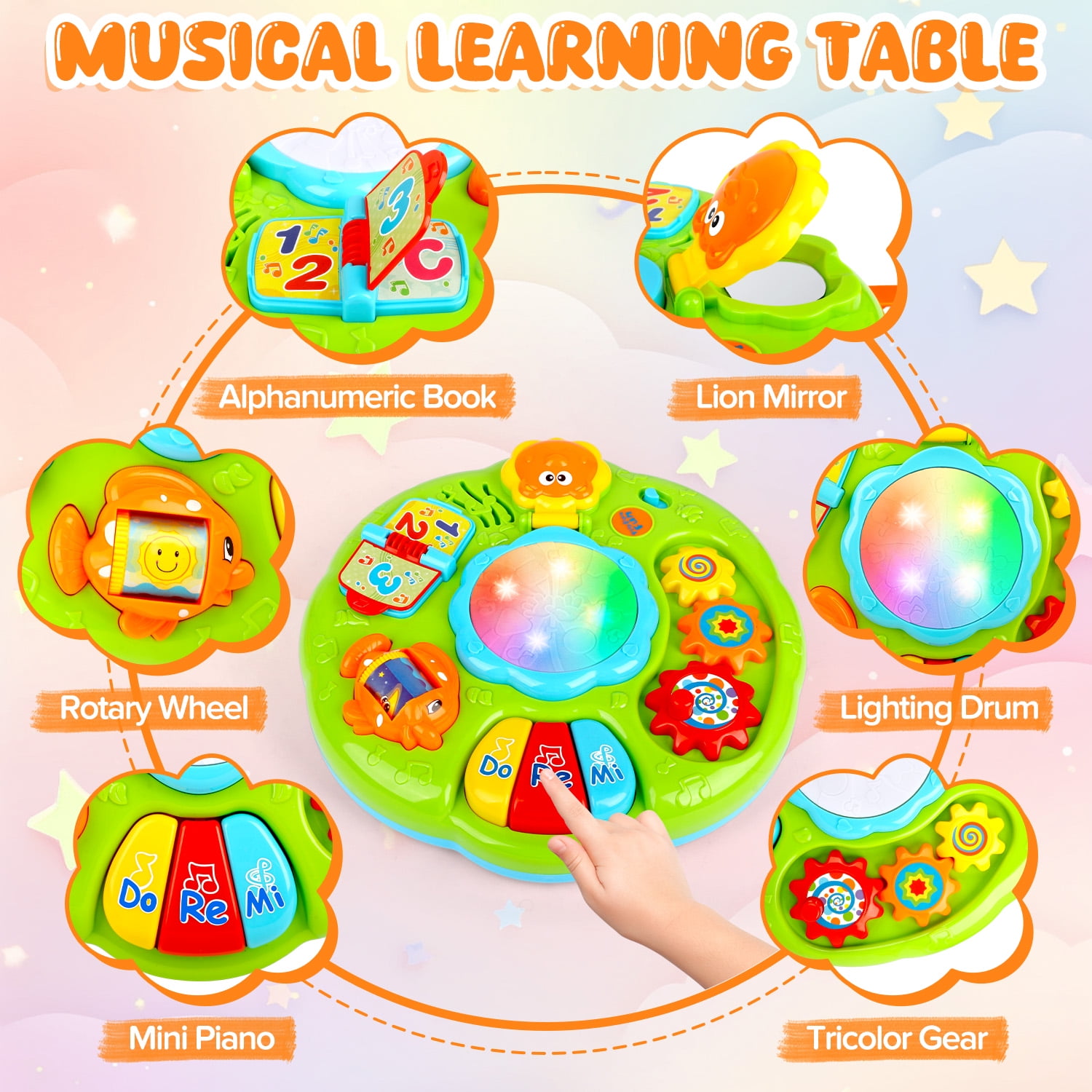 Carsky Baby Musical Activity Table, Light & Sound Learning Drum Toy with Piano, Flip Book & Animal Mirror, Multifunction Toddler Play Center for 6-24 Months Boys Girls Birthday ChristmasToy Gifts