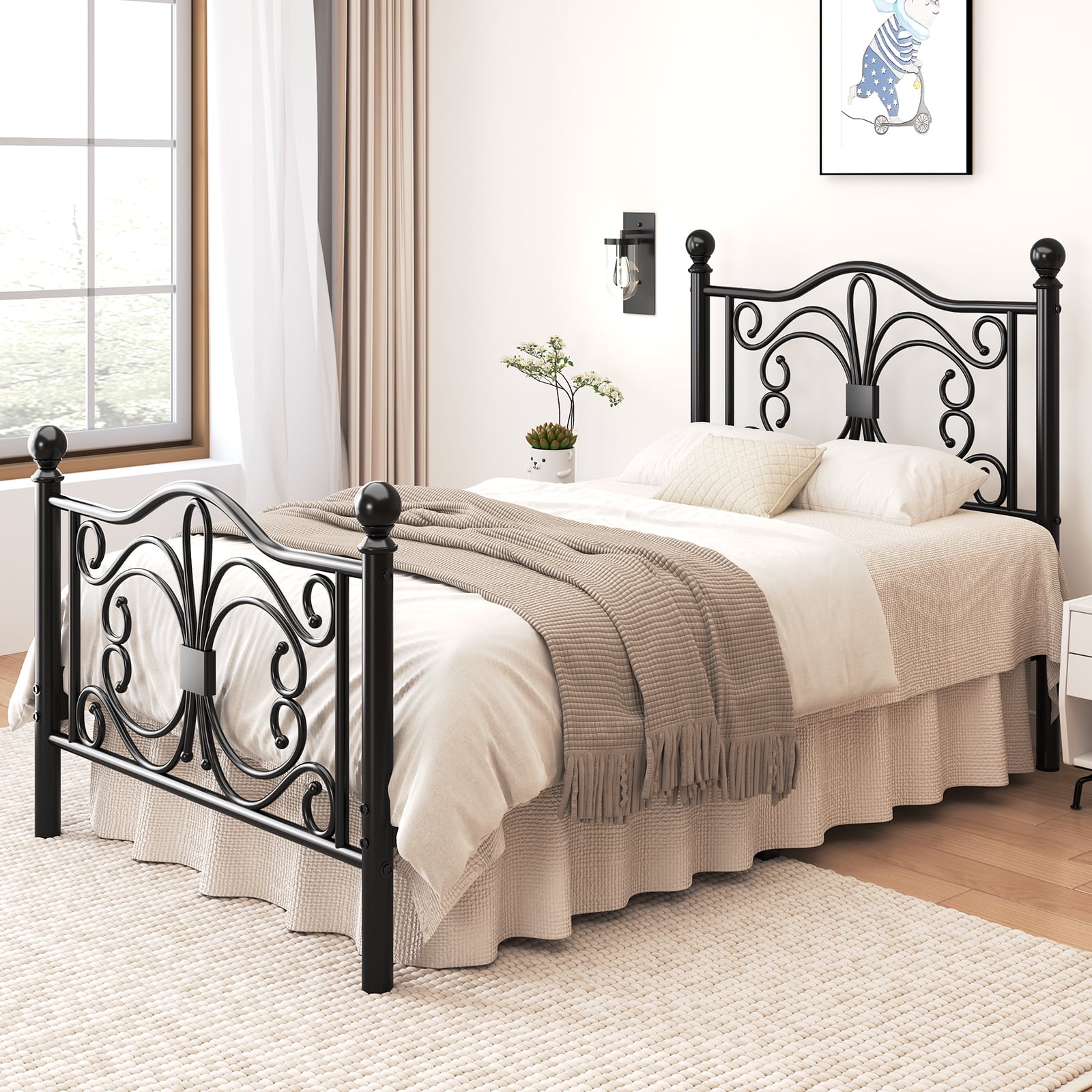 E-motie Metal Platform Bed Frame Twin Size with Butterfly Pattern Vintage Headboard & Footboard, Underbed Storage, Black