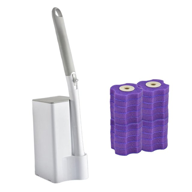 Juego de cepillo y soporte para inodoro desechable de pared, práctico cepillo de limpieza para inodoro. Recargas moradas