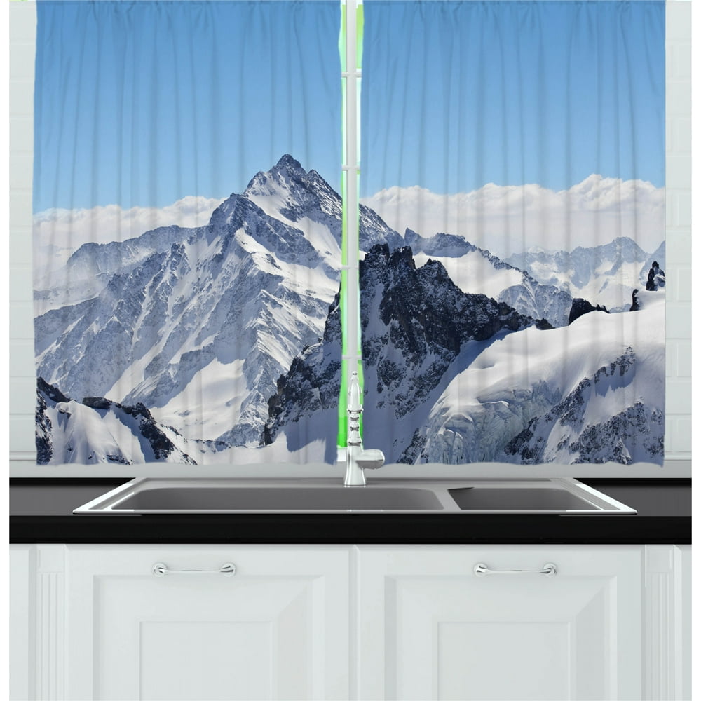 Winter Curtains 2 Panels Set, Snowy Rocky Mountain Peaks Tops Scene High Lands Icy Frozen Swiss