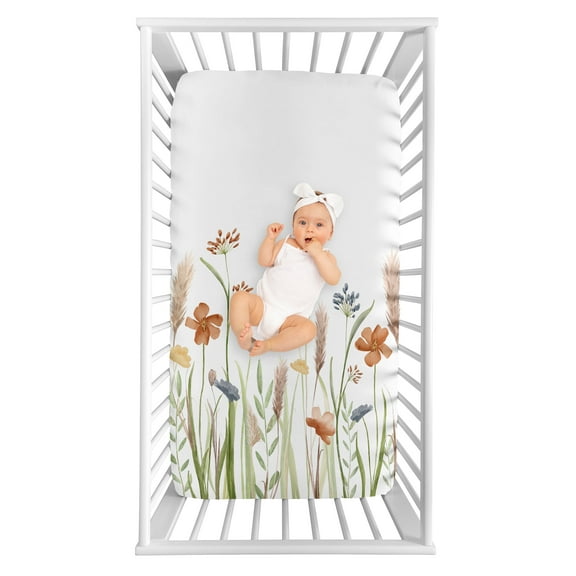 Sweet Jojo Designs Watercolor Floral Garden Green Beige and Blue Photo Op Fitted Crib Sheet
