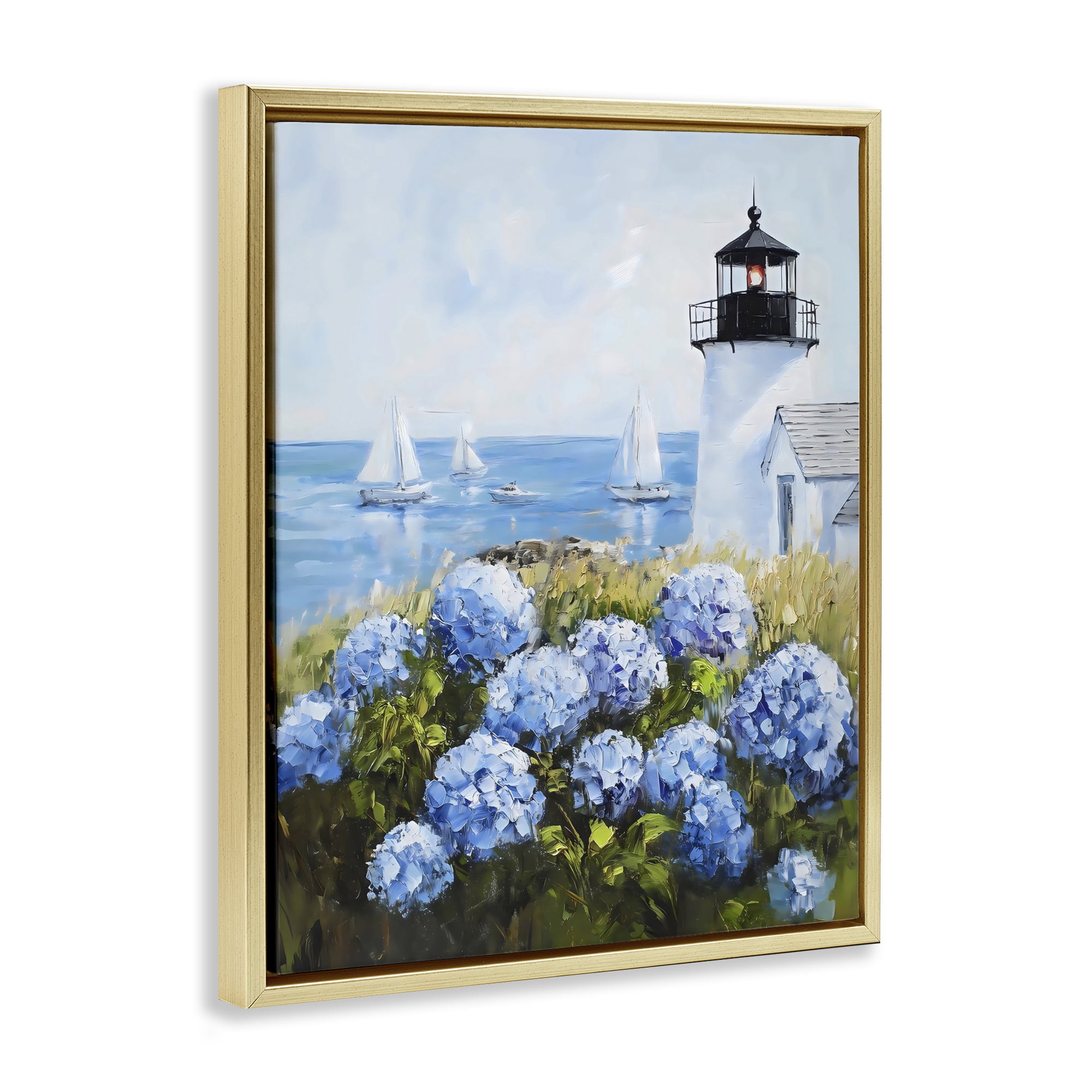 Stupell Industries Lighthouse Surrounded by Hydrangeas Gold Framed Floater Canvas Wall Art, design by Arlington Prints