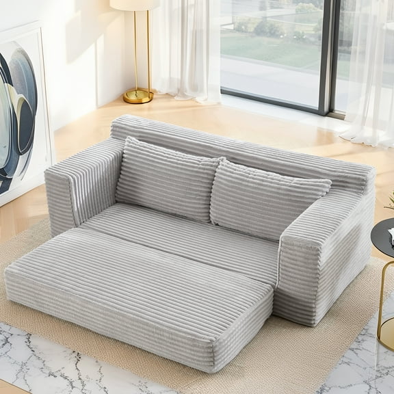 2-in-1 Convertible Loveseat Sofa with Memory Foam and Steel Frame, No Assembly Required, Compact Corduroy Couch for Small Spaces, Apartment, Bedroom, or Home Office (Grey)