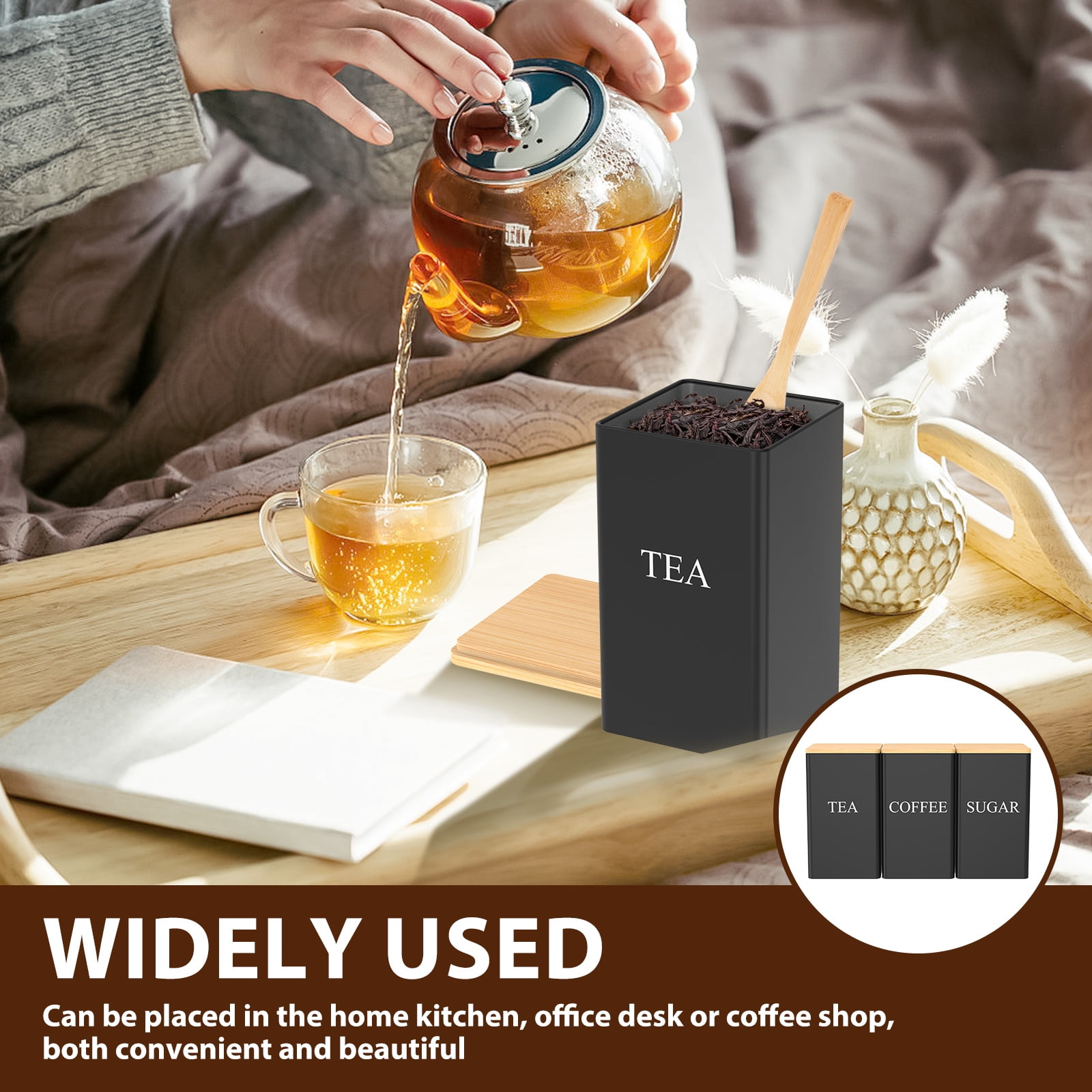 Tcwhniev 3 Pcs Coffee Tea Sugar Container Set with Bamboo Lid Metal Tea Coffee Sugar Canister Set for Kitchen Airtight Coffee Tea Sugar Food Storage Container