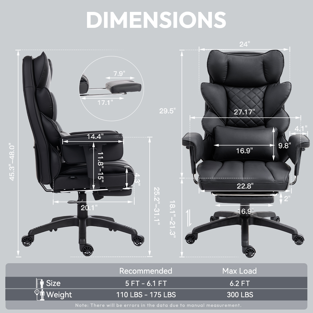 GOOSEA Office Chair Adult PU Leather High Back Indoor Commercial Adjustable Seat Height Executive Chairs Footrest, Black