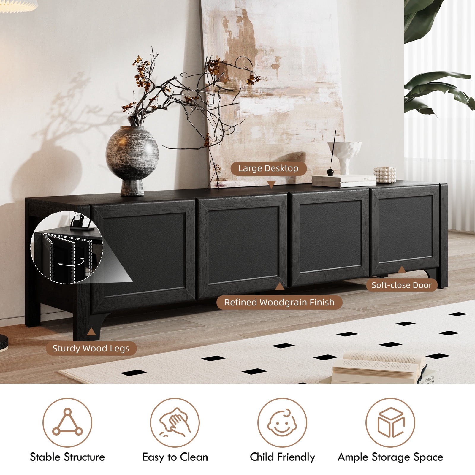 Furnibear 70" Modern TV Stands for 65 70 Inches TV, Media Console, Leather-Wrapped Door Panels TV Entertainment Center with Cabinet Storage for Bedroom Living Room,Black