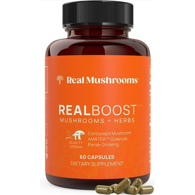 Real Mushrooms RealBoost (Mushrooms + Herbs) | 1,000 Mg | 30 Servings | 60 Capsules