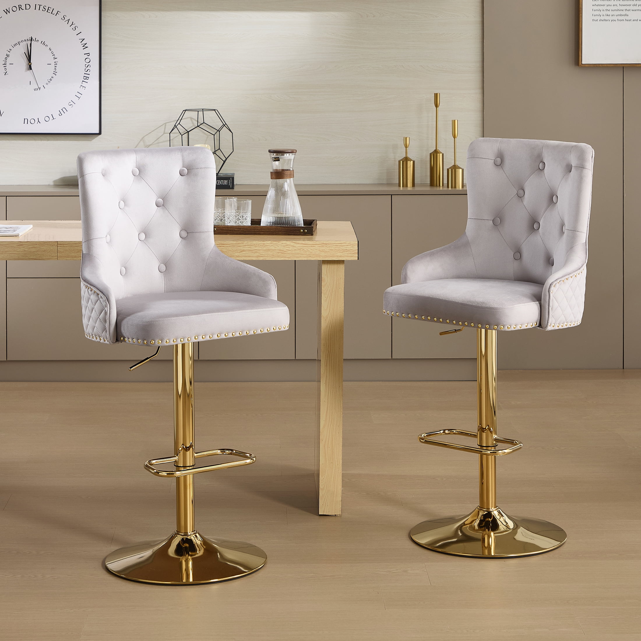 Velvet Gold Bar Stools Set of 2 Modern Counter Height Bar Stools with Lion Pull Ring Tufted High Back, Nailhead Upholstered Barstools for Home Kitchen Island, Swivel Adjustable Stool Chair in Grey