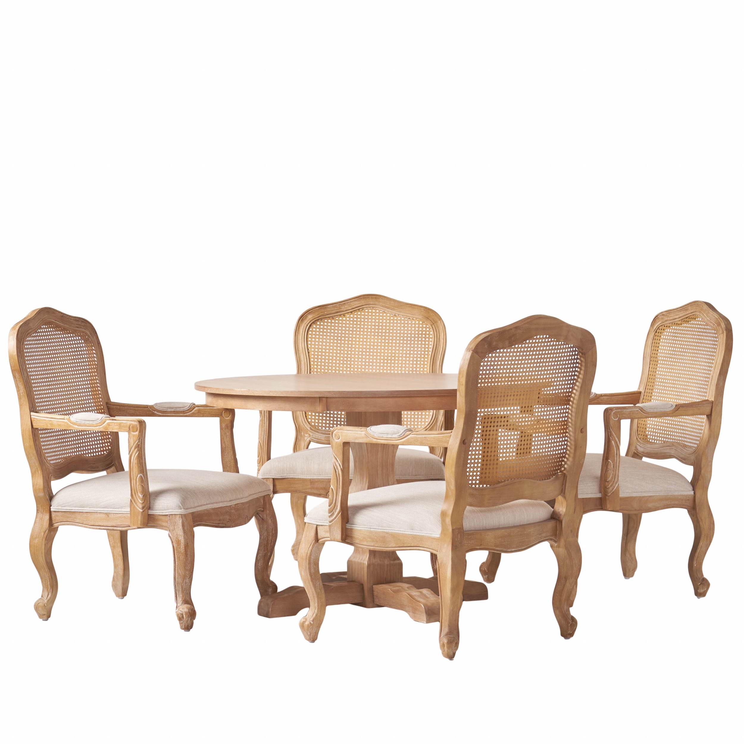 Noble House Ardene Fabric Upholstered Wood and Cane 5 Piece Circular Dining Set, Natural and Beige