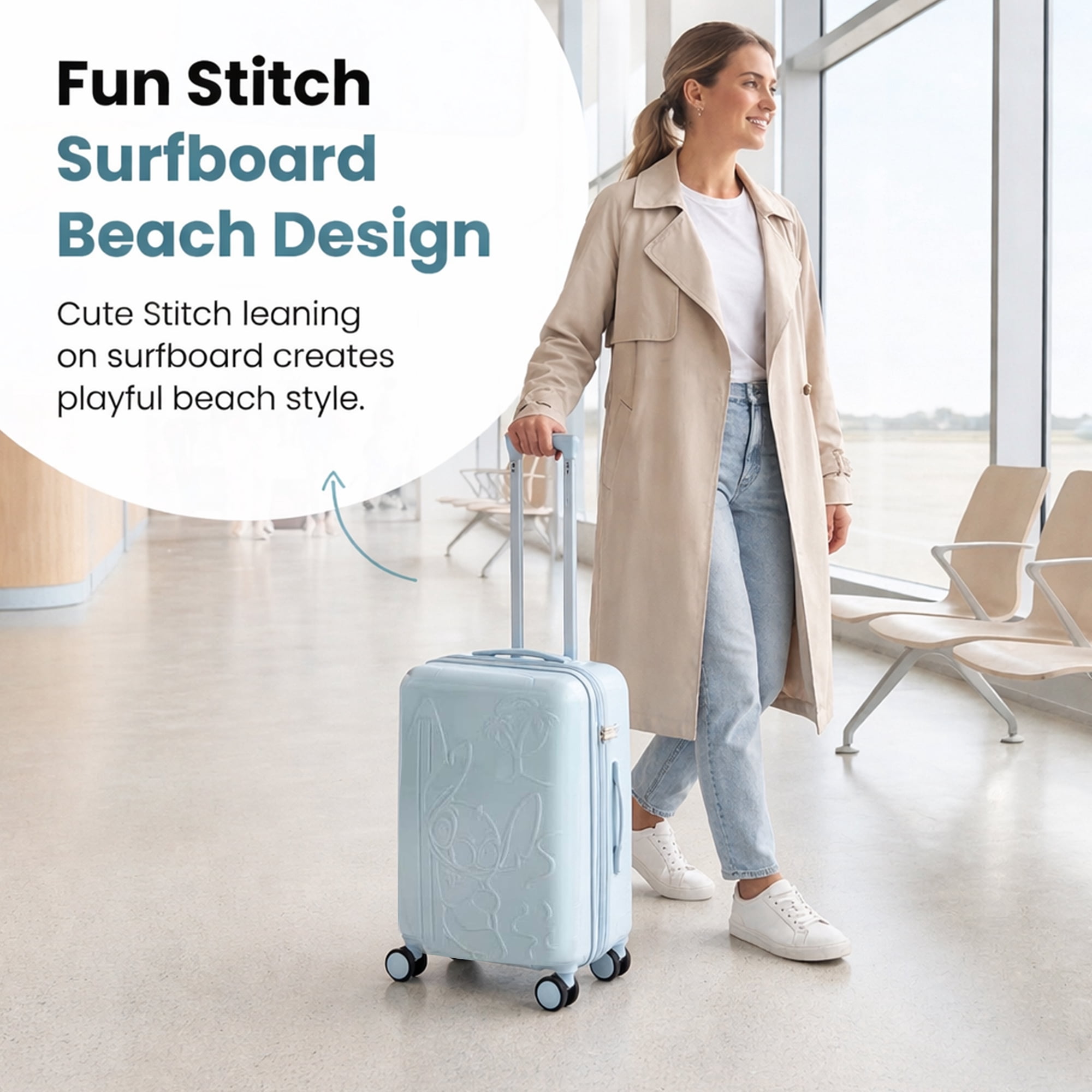 Disney Stitch With Surfboard Light Blue 22" Rolling Luggage