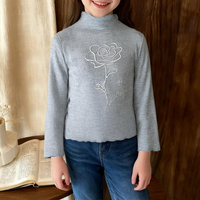 hengsof Girls' Ruffled Turtleneck Long-Sleeved Tops, Floral Patterned Shirts, Comfortable Pullovers, Suitable for Children of All Ages