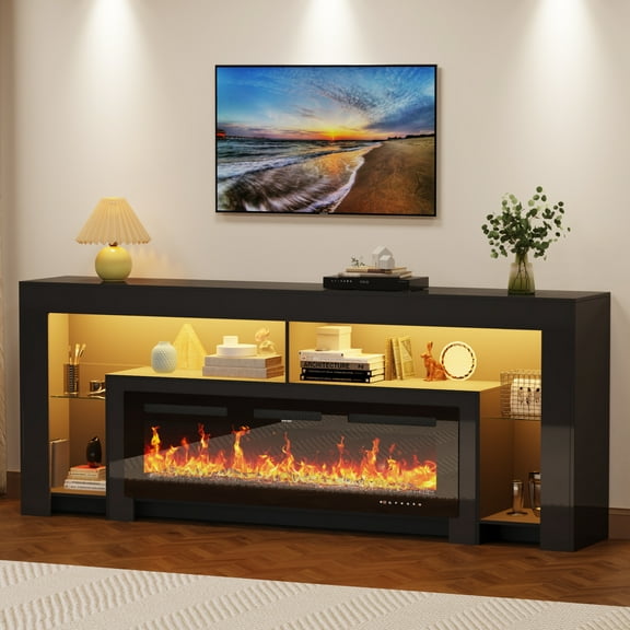 Blotout Fireplace TV Stand for 85/90''TV with 50'' Fireplace, 82'' Modern Entertainment Center LED Lights, 2 Tier TV Console Cabinet Entertainment Center for Living Room, Bedroom