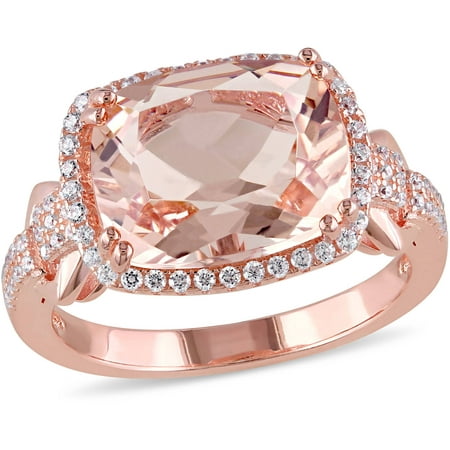 Tangelo 5-1/4 Carat T.G.W. Simulated Morganite and Cubic Zirconia Rose Rhodium-Plated Sterling Silver Halo Cocktail Ring