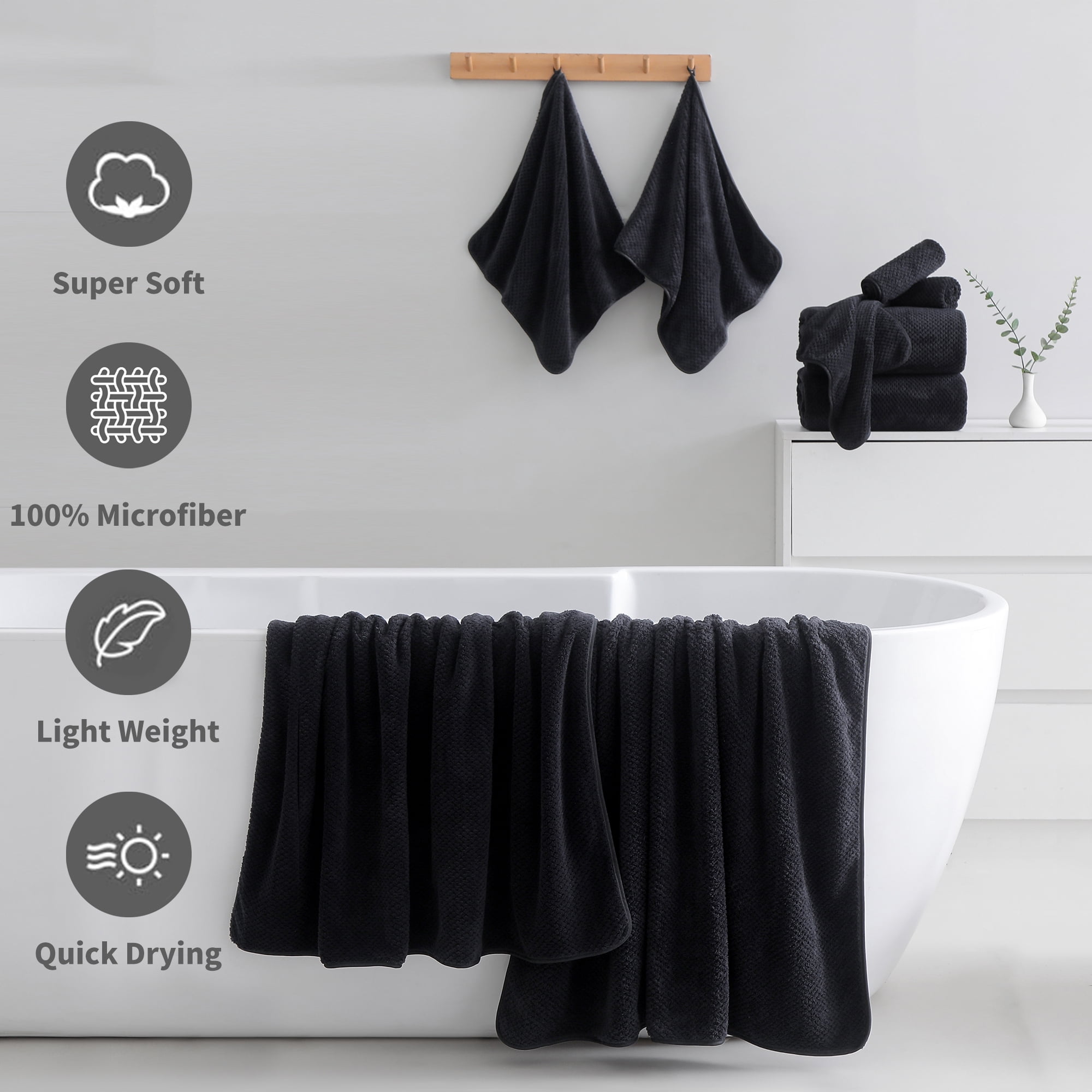 Jessy Home 2 Pack-16"x31" Black Hand Towels Set Ultra Soft 200 GSM Hand Towel Set