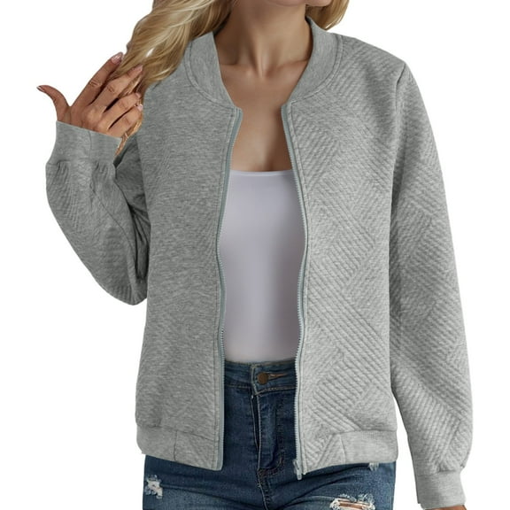 Arlun Women's Zipper up Textured Lightweight Bomber Jacket Casual Long Sleeve Plus Size Solid Color Comfortable Baseball Outerwear 2025 Fall Winter Warm Windbreaker Coats Grey XL