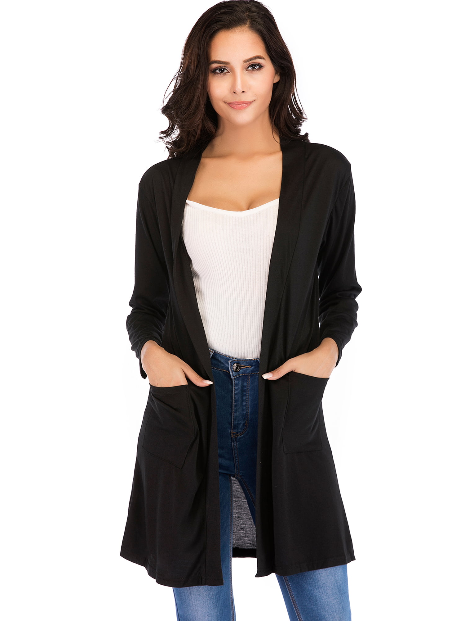 New Womens Open Front Knee Length Plain Cardigan Long Sleeve Party Casual Top 