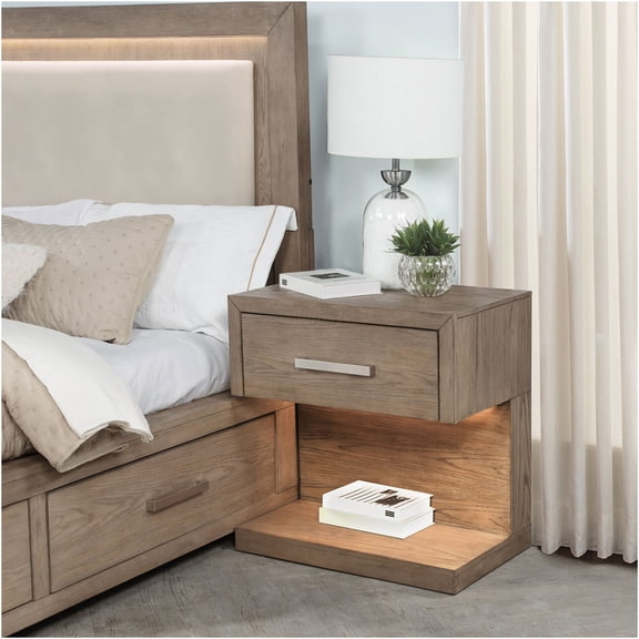 JERFIT Modern Nightstand with LED Light, 1-Drawer & Open Shelf Brown Wood Bedside Table for Bedroom