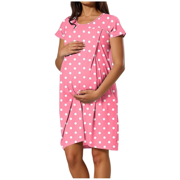 HAOTAGS Maternity Knee Dress, Hospital Tee Shift Hidden Panel Feed Nurse Access Gown Short Sleeve Classic Dress Pink S